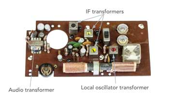 O oscilador local, IF e transformadores de áudio usados ​​em um rádio transistor antigo