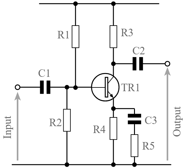Circuito de um amplificador de transistor de emissor comum básico