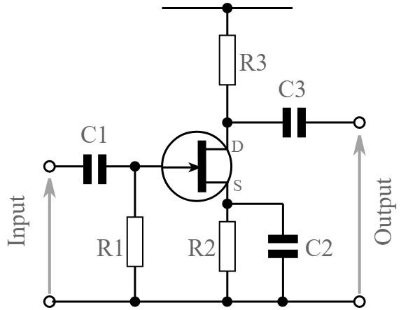 Amplificador de fonte comum FET básico mostrando arranjos de polarização e os capacitores de desvio e acoplamento