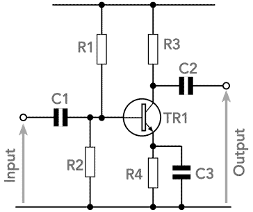Circuito de um amplificador de transistor de emissor comum básico mostrando os componentes eletrônicos associados, incluindo resistores e capacitores