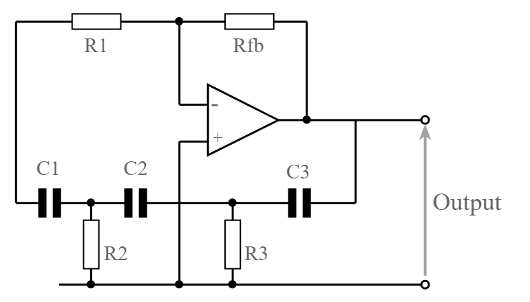 Circuito de um oscilador/gerador de amplificador operacional com deslocamento de fase básico