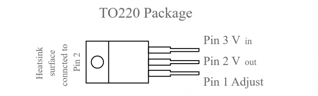 Pinagem para LM317 mostrando as conexões de pinos para o pacote TO220
