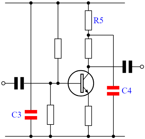 Projeto de circuito eletrônico de transistor com capacitores de desacoplamento de linha e coletor