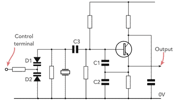Diagrama de circuito de um típico oscilador de cristal controlado por tensão, VCXO