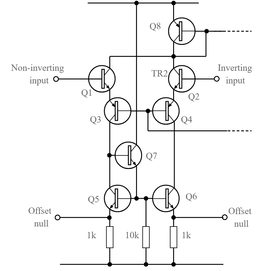 Circuito de entrada típico de um amplificador operacional - o mostrado é para um 741