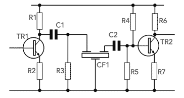 Circuito de filtro passa-faixa de cerâmica usando transistores e mostrando arranjos DC
