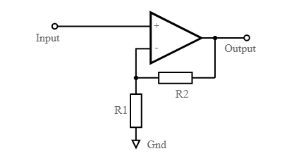 Circuito básico de amplificador operacional não inversor usando dois componentes eletrônicos - apenas dois resistores, bem como o amplificador operacional