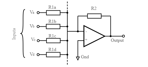 Amplificador de soma de amplificador operacional / misturador de terra virtual com diferentes resistores de entrada