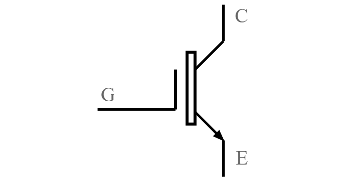 Símbolo do circuito do IGBT mostrando os terminais coletor, emissor e gate.