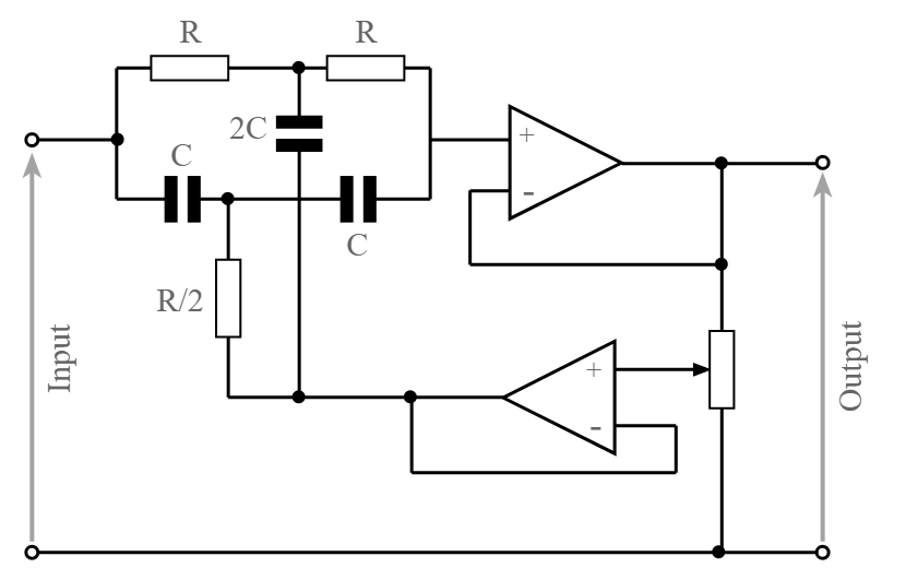 Circuito de filtro notch amp op com variável Q: são dois amplificadores operacionais, três capacitores, três resistores e um potenciômetro