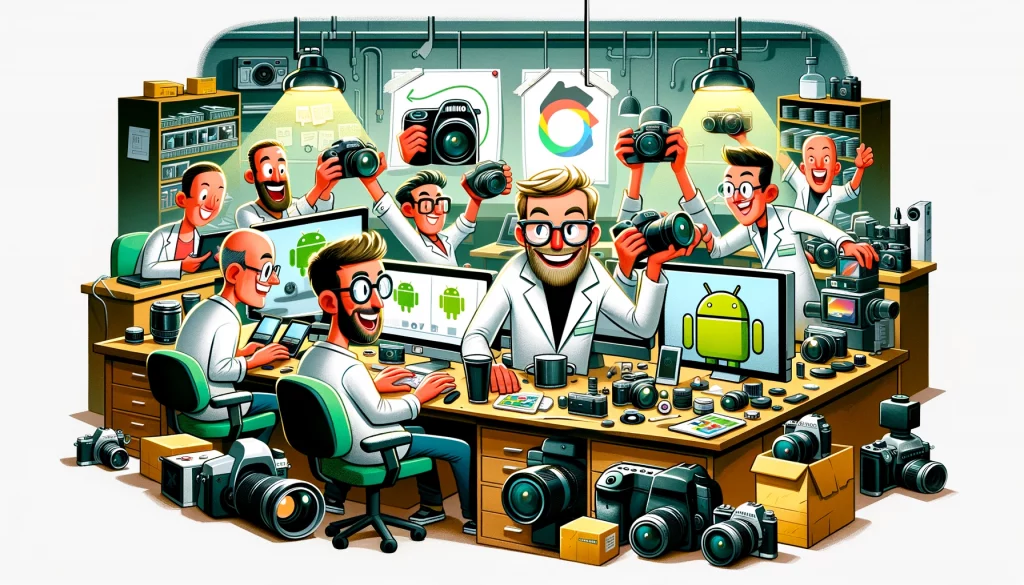 ilustração de cientistas desenvolvendo o android e diversas câmeras espalhadas